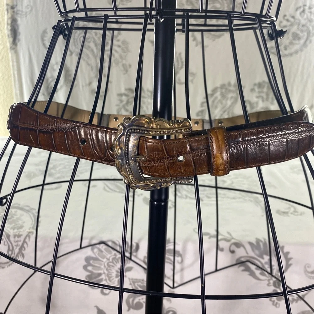 VTG FOSSIL LEATHER CROCO-EMBOSSED WESTERN BELT, ORNATE CONCHOS & BUCKLE, M/L